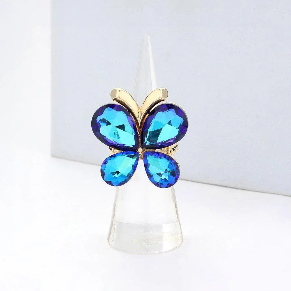 Blue Butterfly Crystal Stone Cluster Stretch Ring - Jewelry Store by Erik Rayo