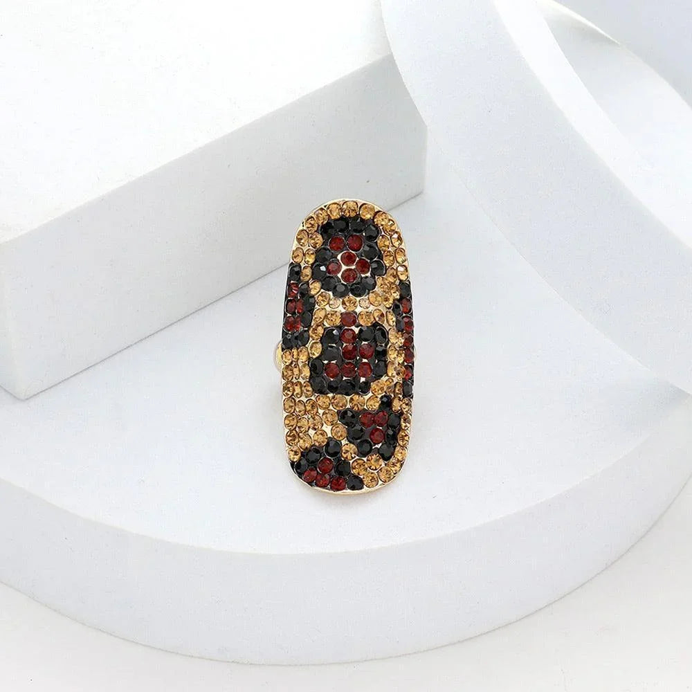 Brown Leopard Pattern Crystal Rhinestone Pave Stretch Cocktail Ring - Jewelry Store by Erik Rayo