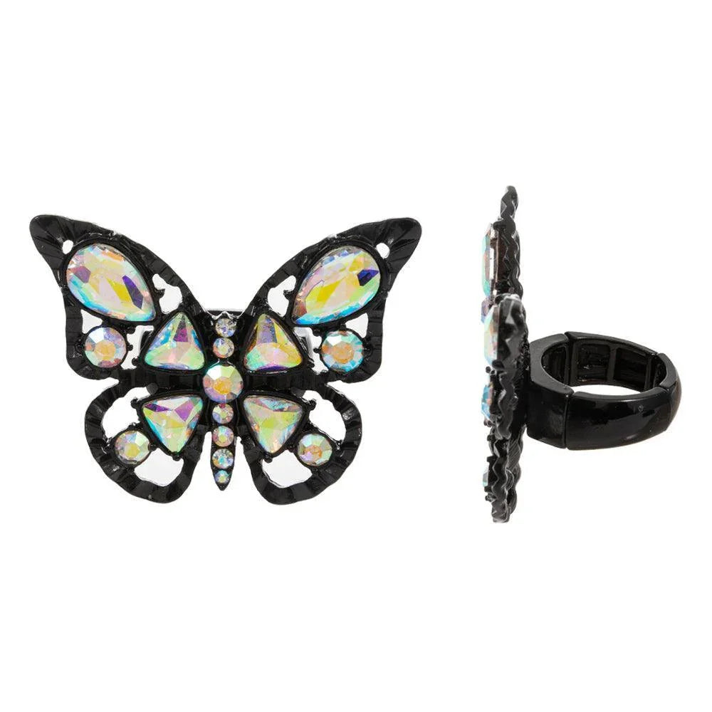 Black Multi Stone Embellished Butterfly Stretch Ring - Jewelry Store by Erik Rayo