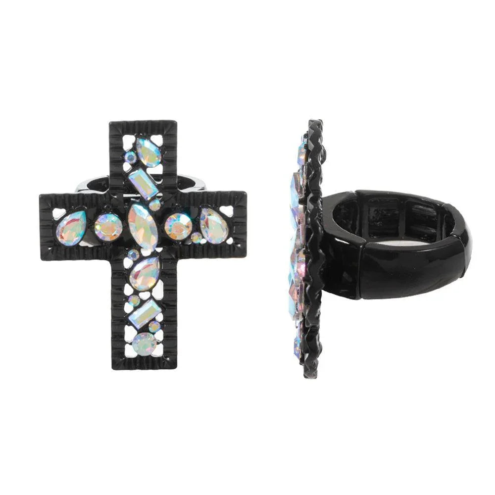Black Multi Stone Embellished Cross Stretch Ring - Jewelry Store by Erik Rayo