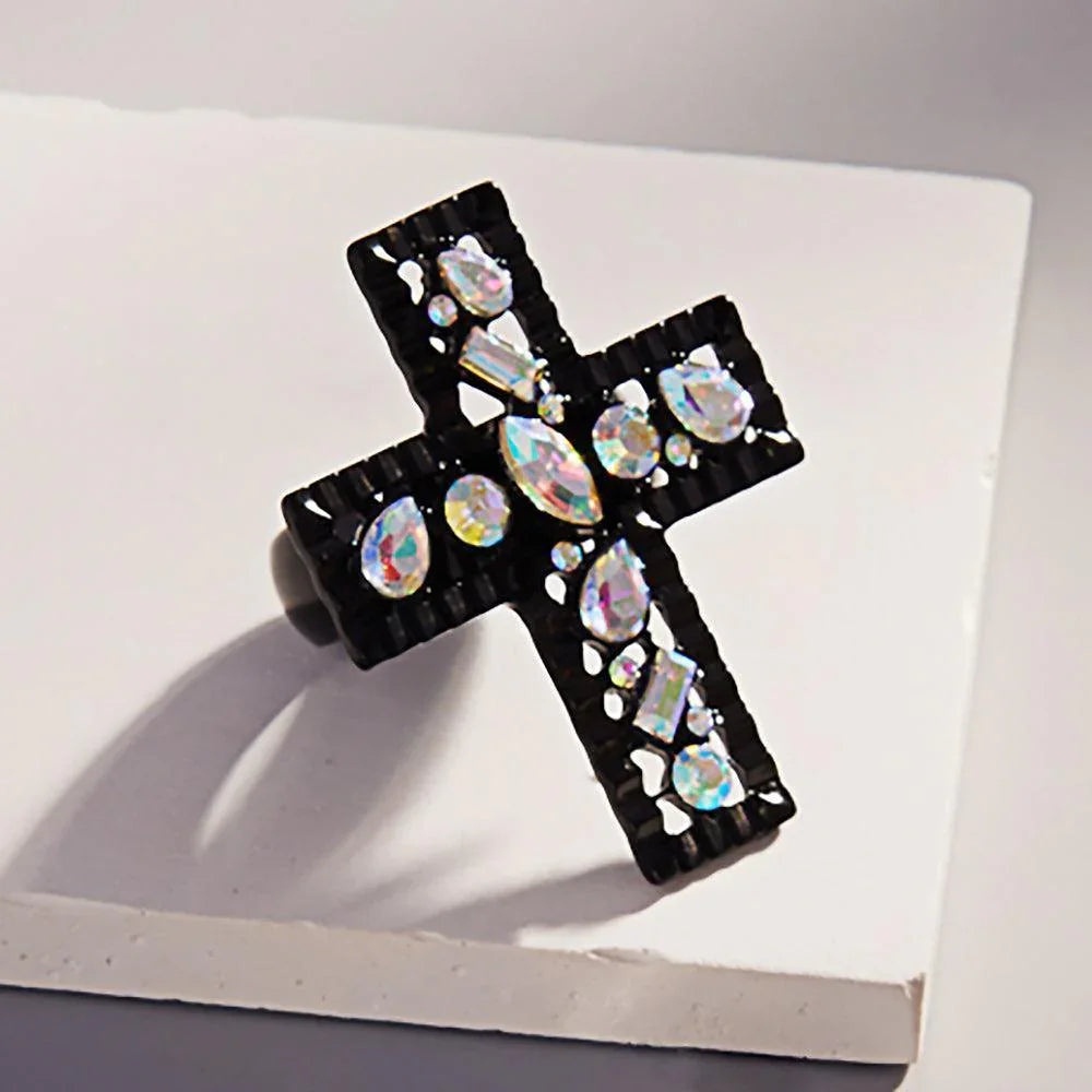 Black Multi Stone Embellished Cross Stretch Ring - Jewelry Store by Erik Rayo