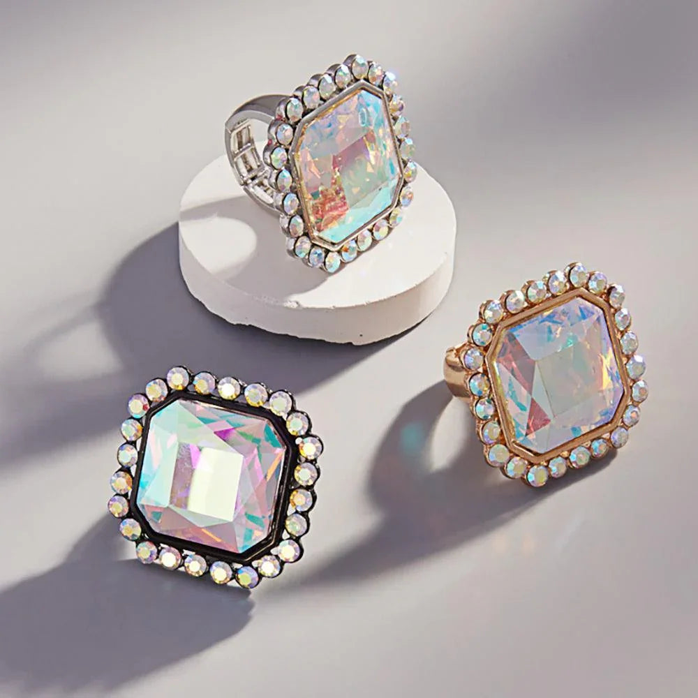 Black Square Glass Stone Stretch Ring - Jewelry Store by Erik Rayo