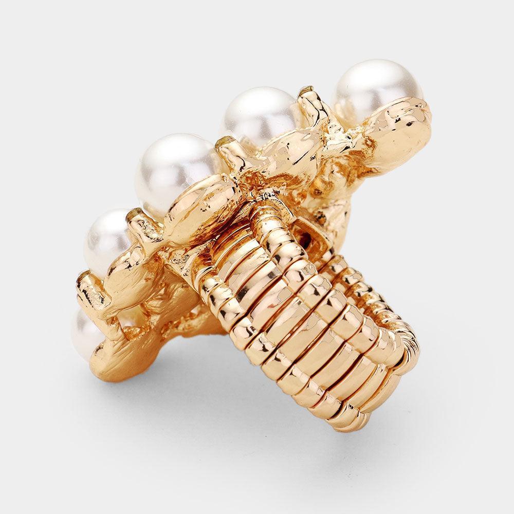 Clear Pearl Rhinestone Statement Stretch Ring - Jewelry Store by Erik Rayo