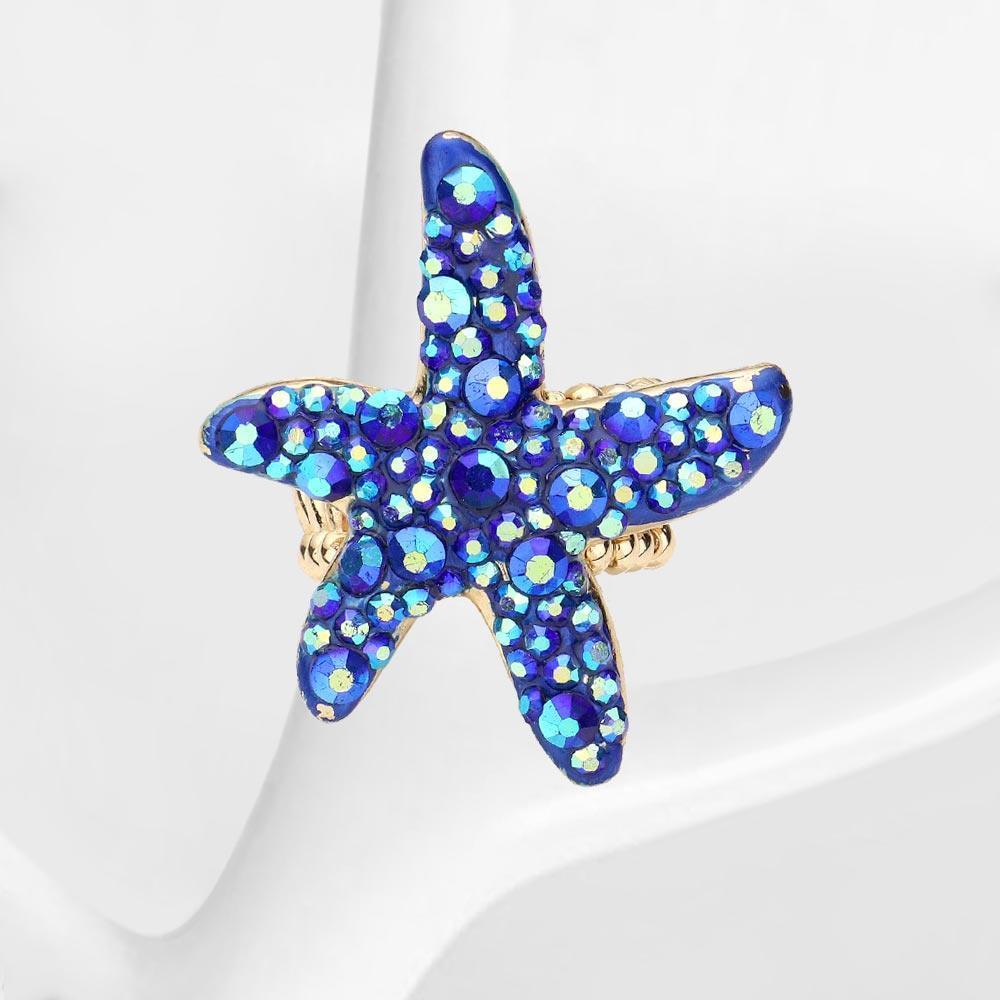 Blue Bubble Stone Embellished Metal Starfish Stretch Ring - Jewelry Store by Erik Rayo