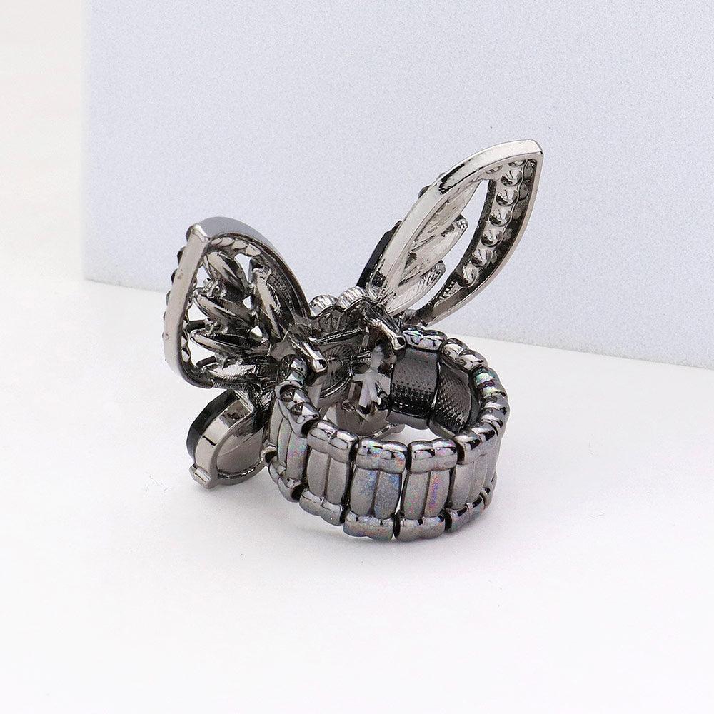 Black Multi Stone Embellished Butterfly Stretch Ring - Jewelry Store by Erik Rayo