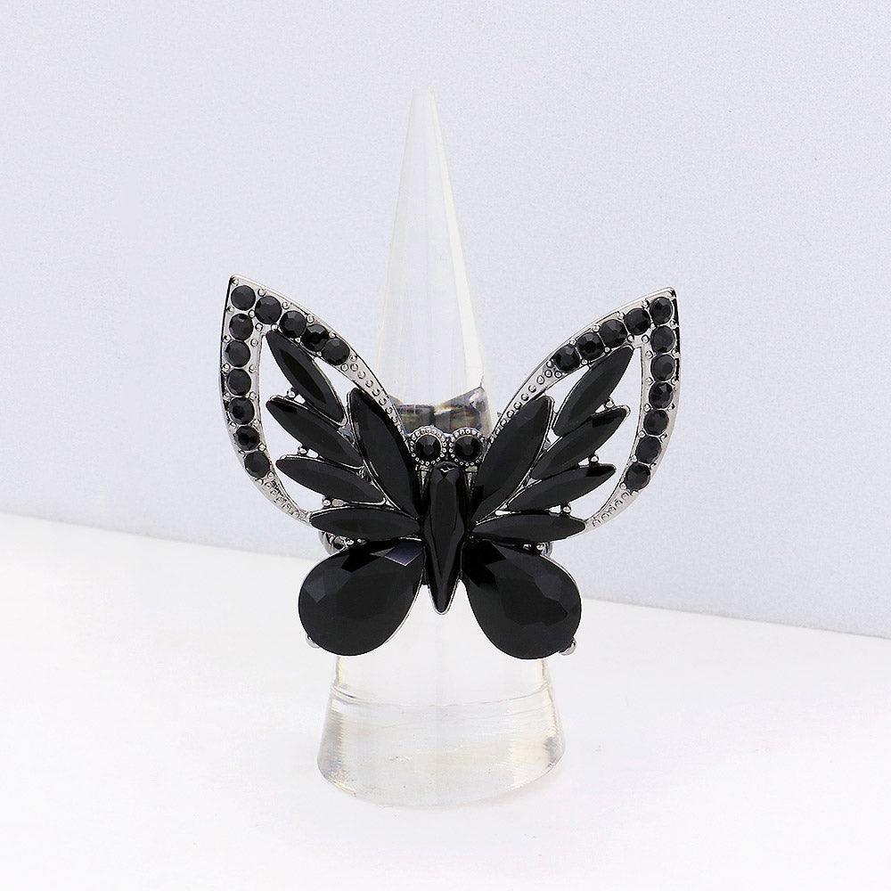Black Multi Stone Embellished Butterfly Stretch Ring - Jewelry Store by Erik Rayo