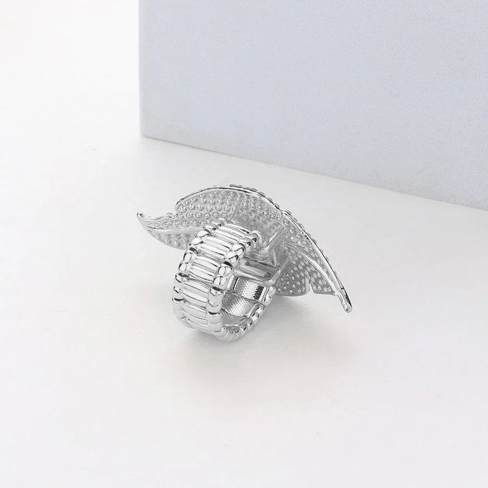 Silver Round Stone Accented Rhinestone Embellished Leaf Stretch Ring - Jewelry Store by Erik Rayo