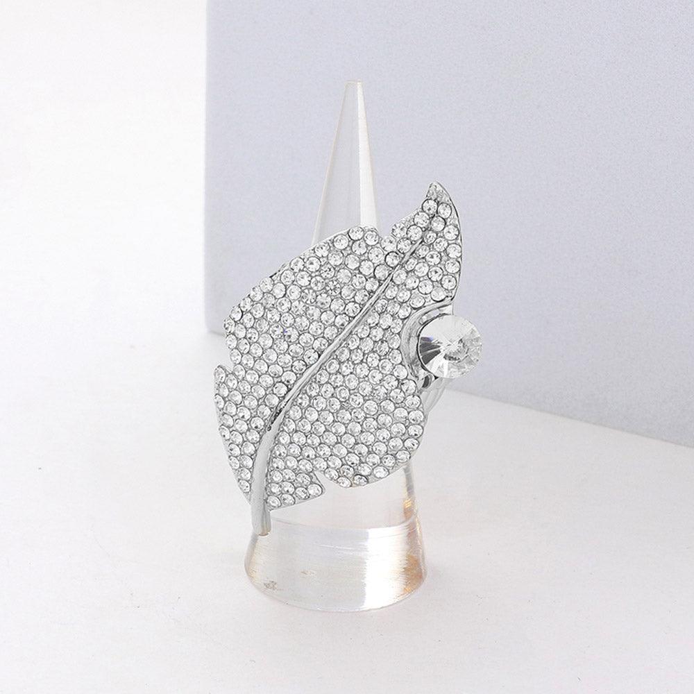 Silver Round Stone Accented Rhinestone Embellished Leaf Stretch Ring - Jewelry Store by Erik Rayo