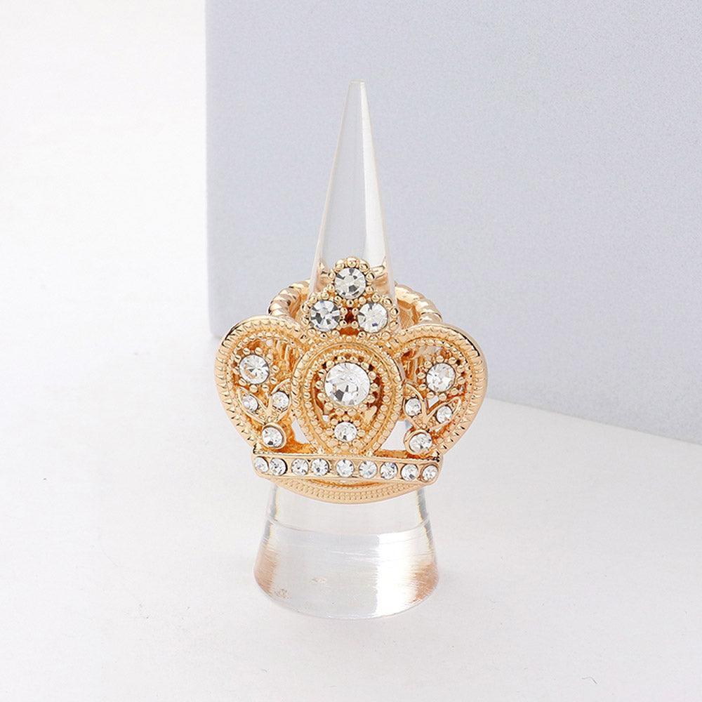 Gold Round Stone Accented Rhinestone Embellished Crown Stretch Ring - Jewelry Store by Erik Rayo