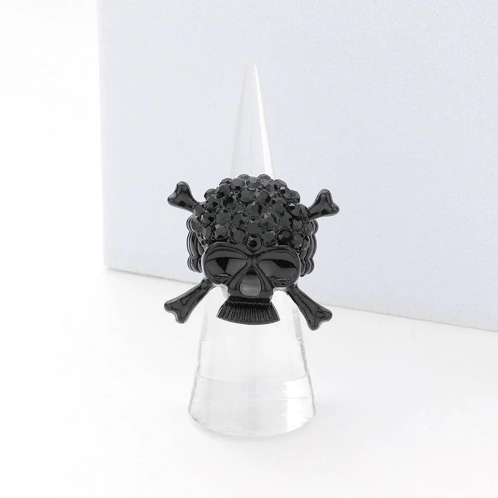Black Stone Embellished Skull Stretch Ring - Jewelry Store by Erik Rayo