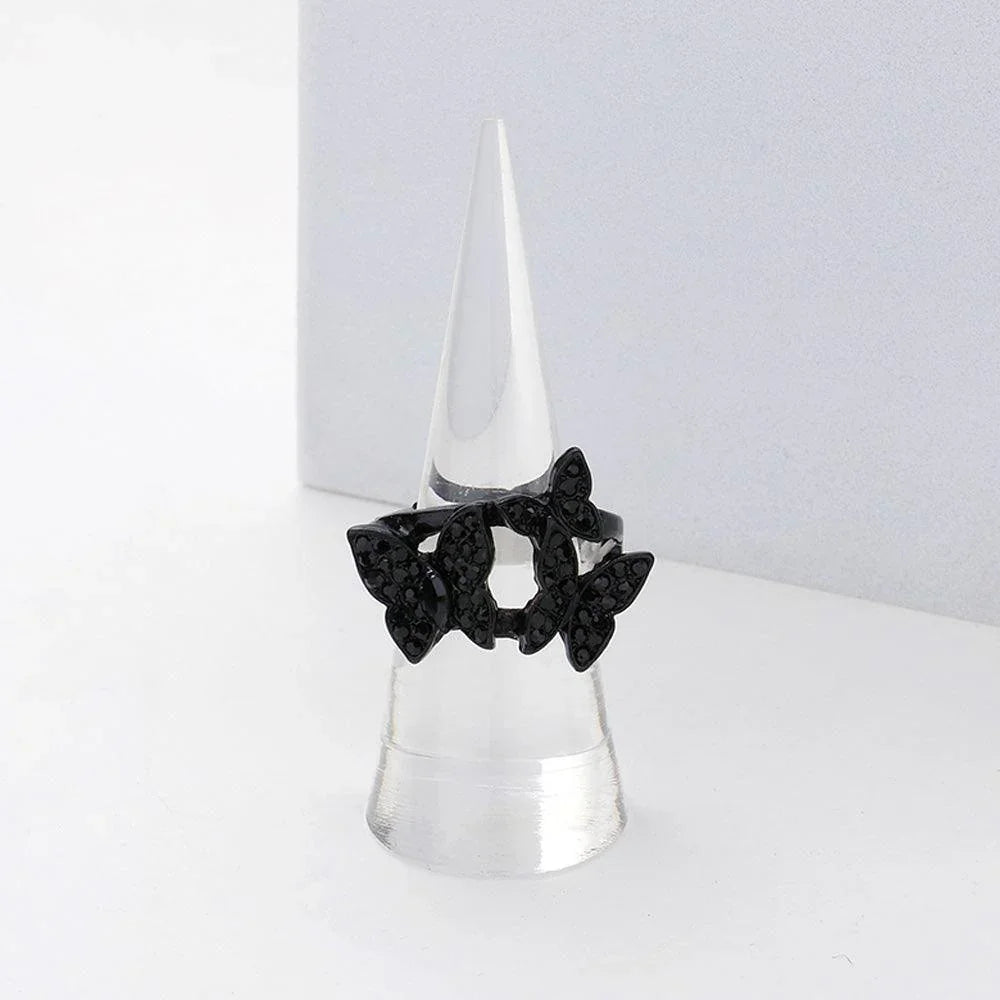 Black Rhinestone Paved Triple Butterfly Stretch Ring - Jewelry Store by Erik Rayo