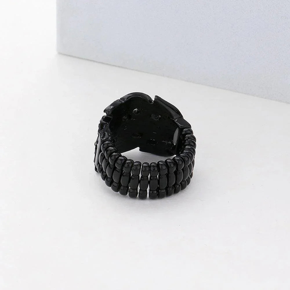 Black Stone Paved Leaves Stretch Ring - Jewelry Store by Erik Rayo