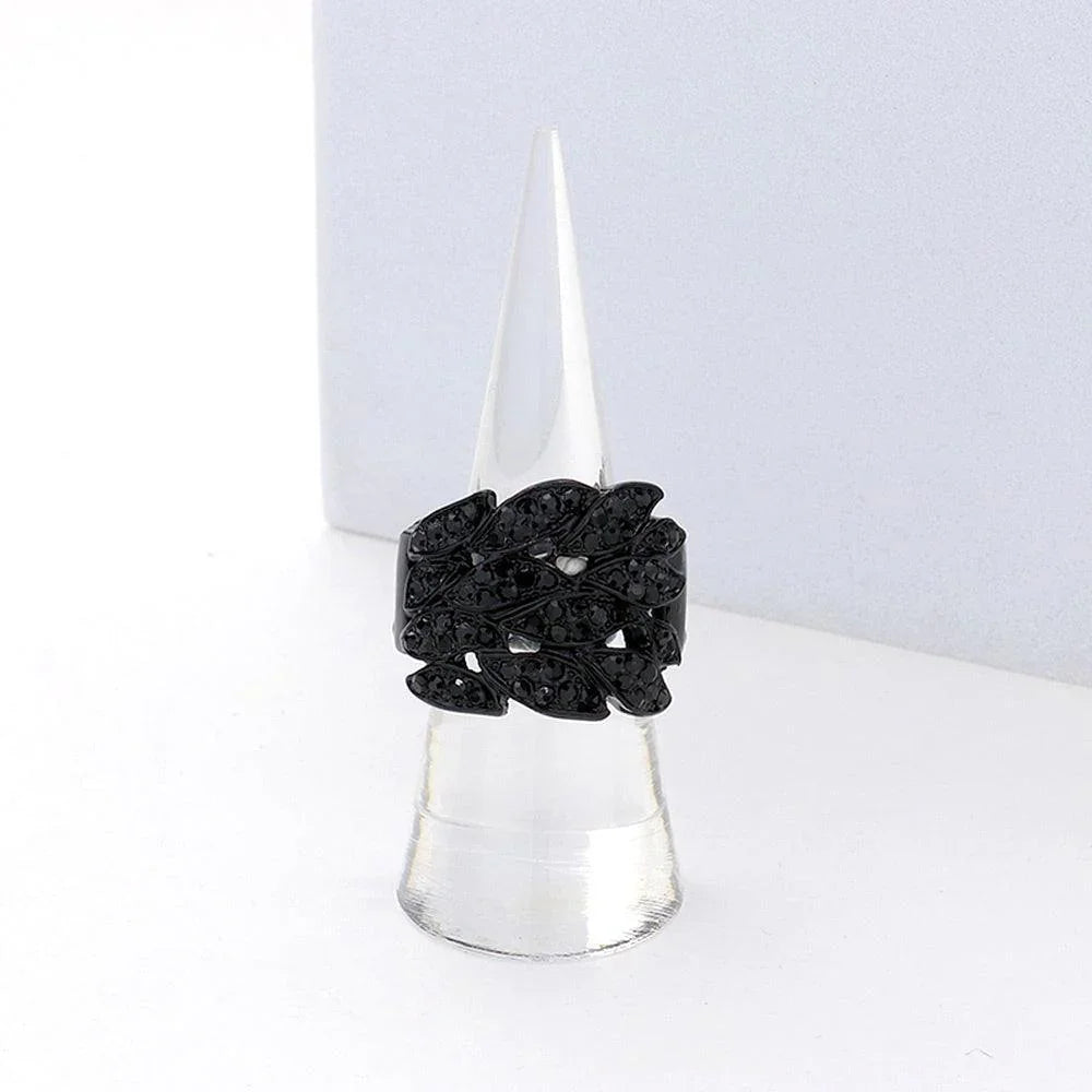 Black Stone Paved Leaves Stretch Ring - Jewelry Store by Erik Rayo