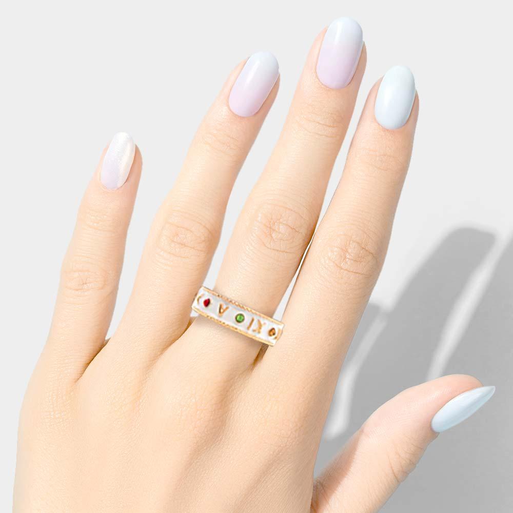 White Stone Embellished Enamel Metal Roman Numerals Stretch Ring