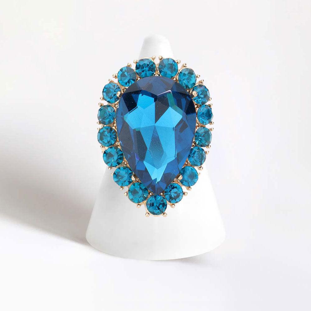 Blue Crystal Rhinestone Teardrop Stretch Cocktail Ring - Jewelry Store by Erik Rayo
