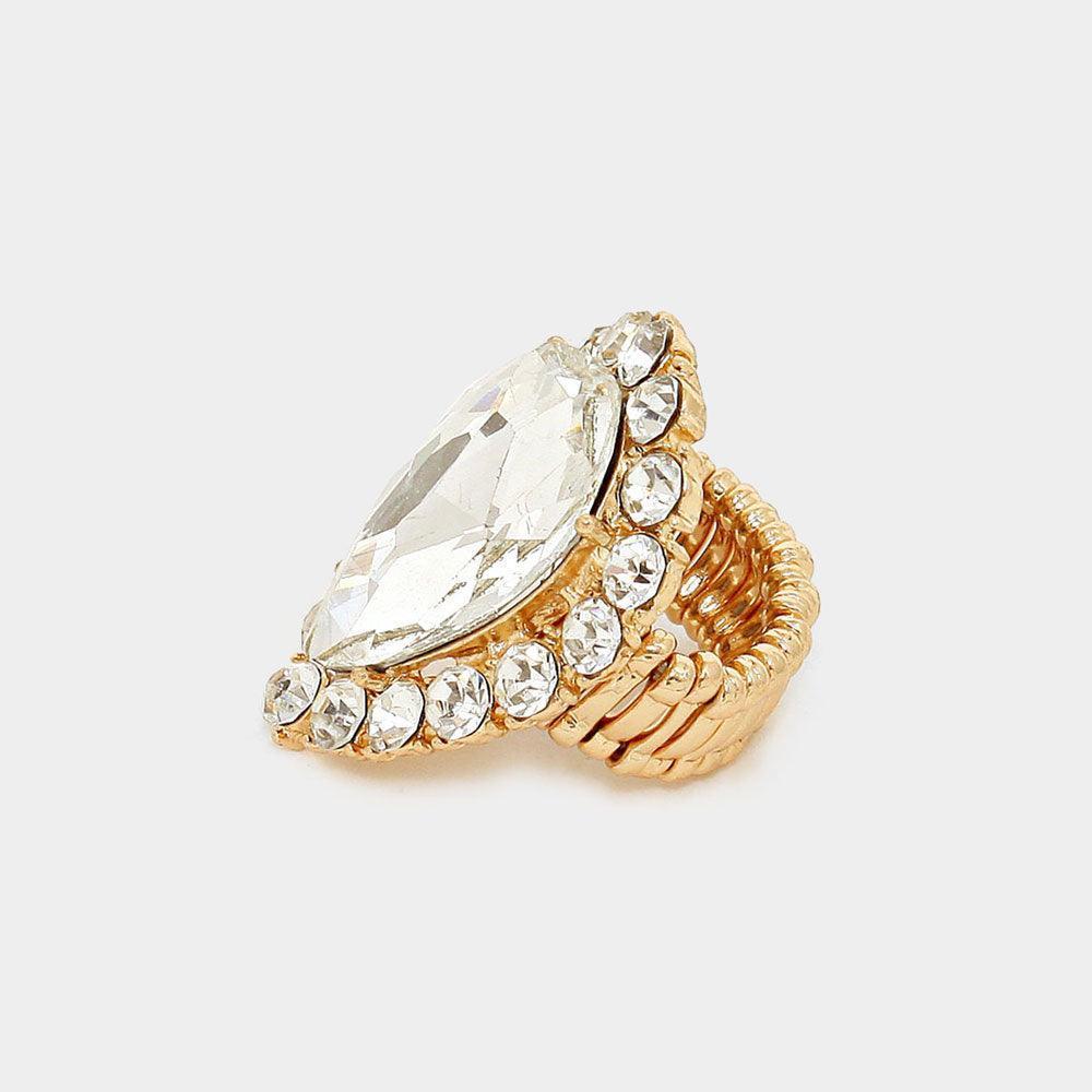 Clear Crystal Rhinestone Teardrop Stretch Cocktail Ring - Jewelry Store by Erik Rayo