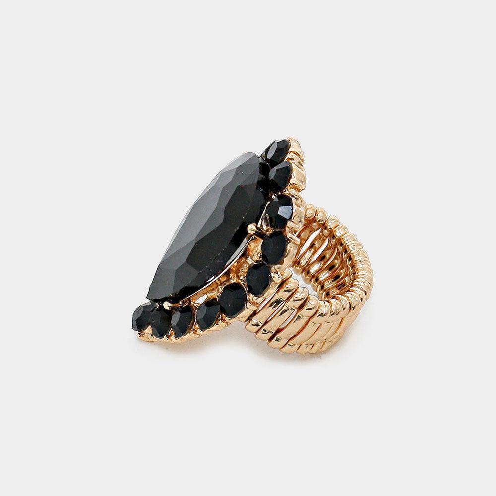 Black Crystal Rhinestone Teardrop Stretch Cocktail Ring - Jewelry Store by Erik Rayo