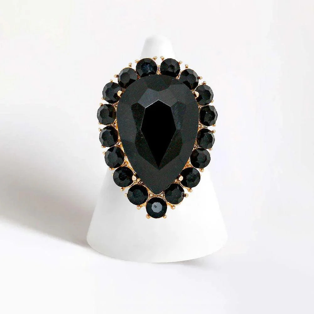 Black Crystal Rhinestone Teardrop Stretch Cocktail Ring - Jewelry Store by Erik Rayo