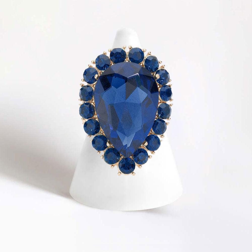 Gold Crystal Rhinestone Teardrop Stretch Cocktail Ring