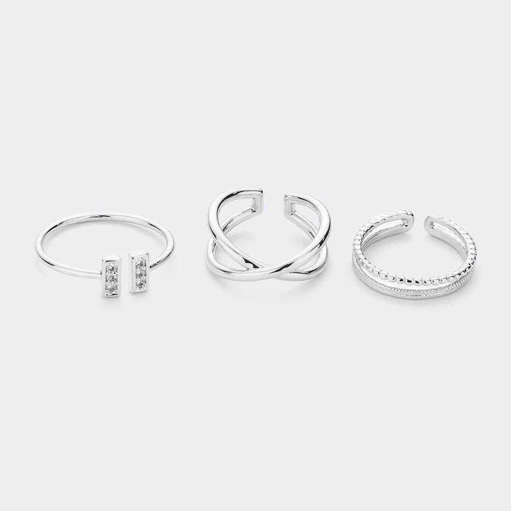 3PCS Brass Metal Crisscross Rhinestone Embellished Rectangle Mixed Rings - Jewelry Store by Erik Rayo