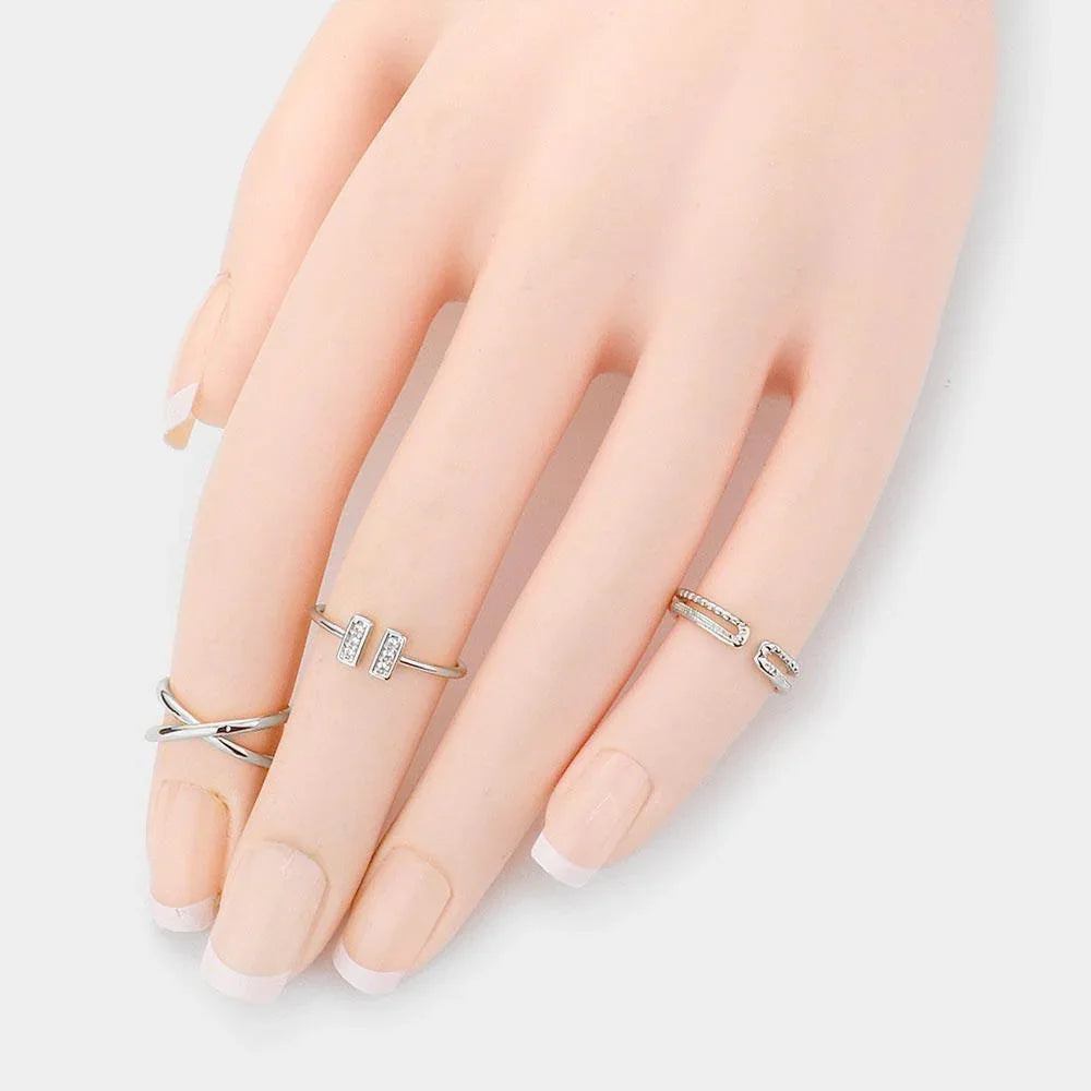 3PCS Brass Metal Crisscross Rhinestone Embellished Rectangle Mixed Rings - Jewelry Store by Erik Rayo