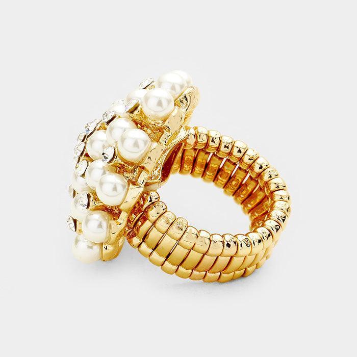 Cream Pearl Bloom Pave Stretch Ring - Jewelry Store by Erik Rayo