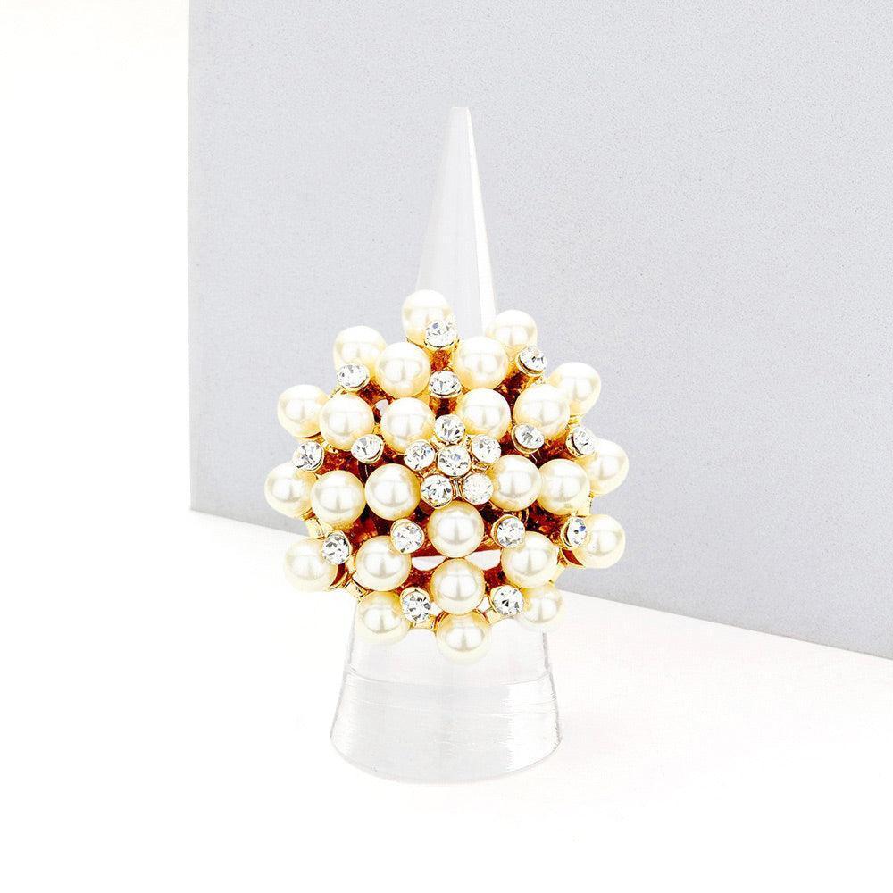 Cream Pearl Bloom Pave Stretch Ring - Jewelry Store by Erik Rayo