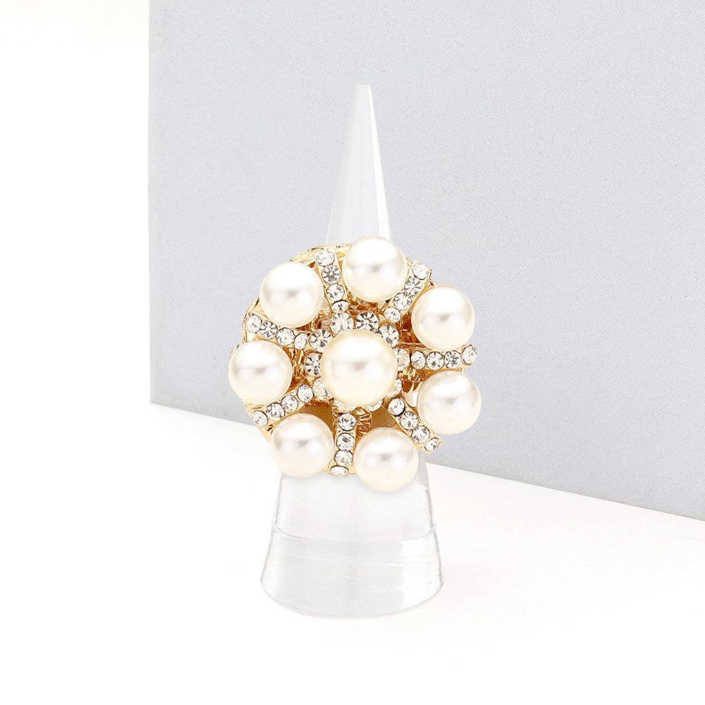 Cream Floral Pearl Crystal Rhinestone Pave Stretch Ring - Jewelry Store by Erik Rayo