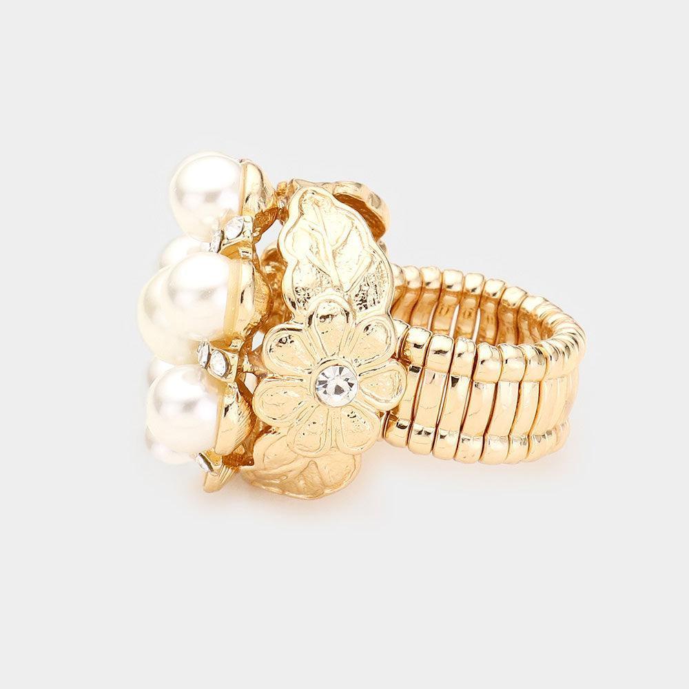 Cream Floral Pearl Crystal Rhinestone Pave Stretch Ring - Jewelry Store by Erik Rayo
