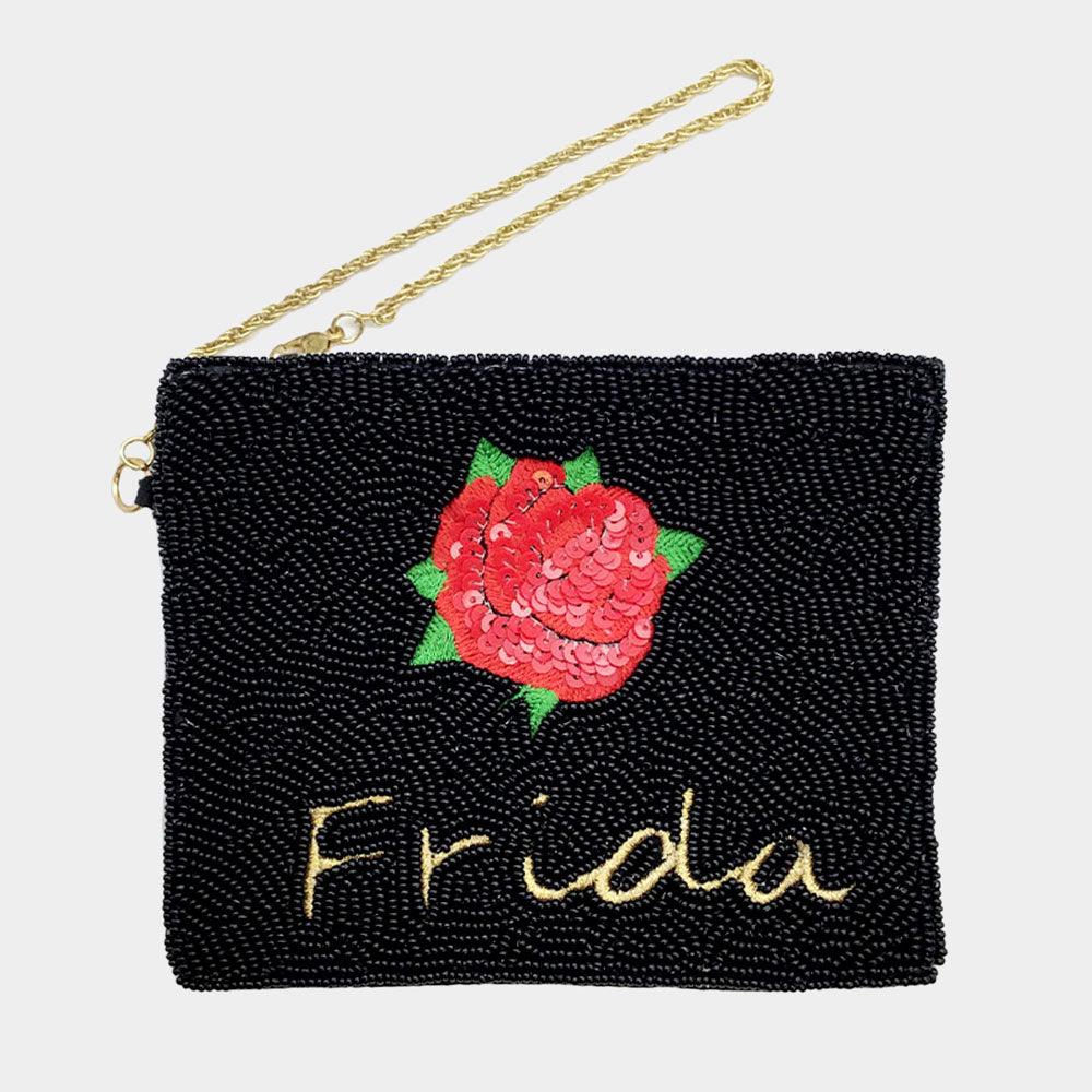 Frida Beaded Rose Flower Mini Pouch Bag