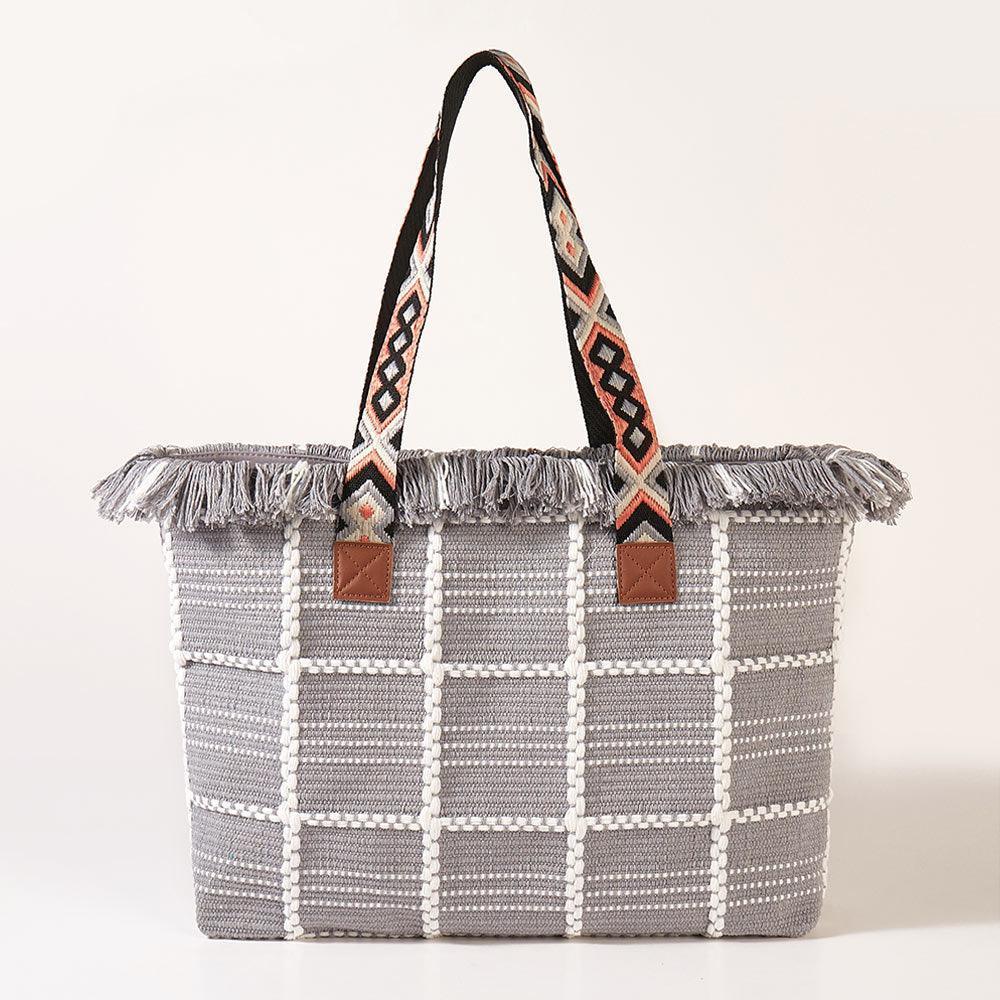 Top Fringe Pointed Check Patterned Tote Bag - Jewelry Store by Erik Rayo