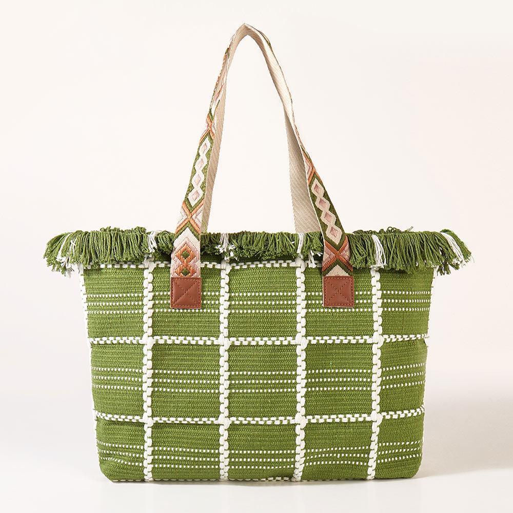 Top Fringe Pointed Check Patterned Tote Bag - Jewelry Store by Erik Rayo