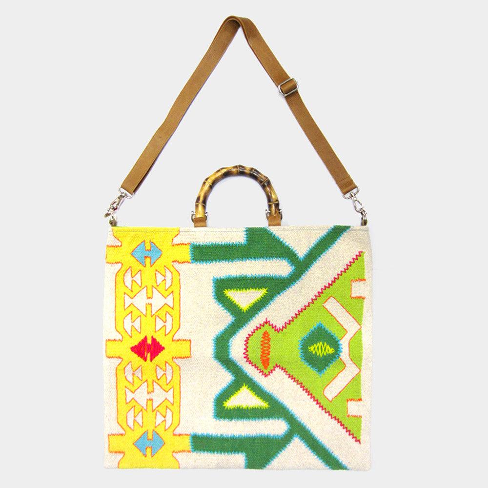 Wood Top Handle Aztec Patterned Tote/Crossbody Bag