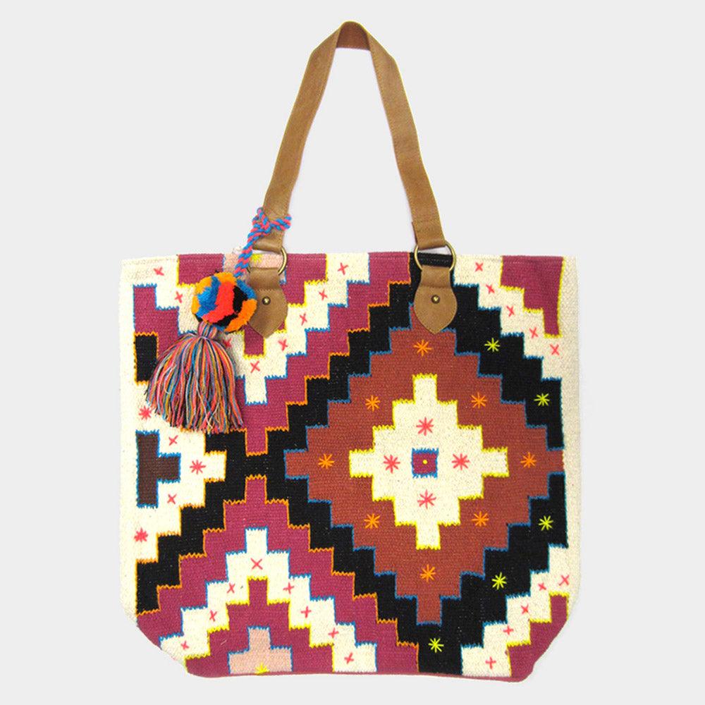 Aztec Pattern PomTassel Tote Bag