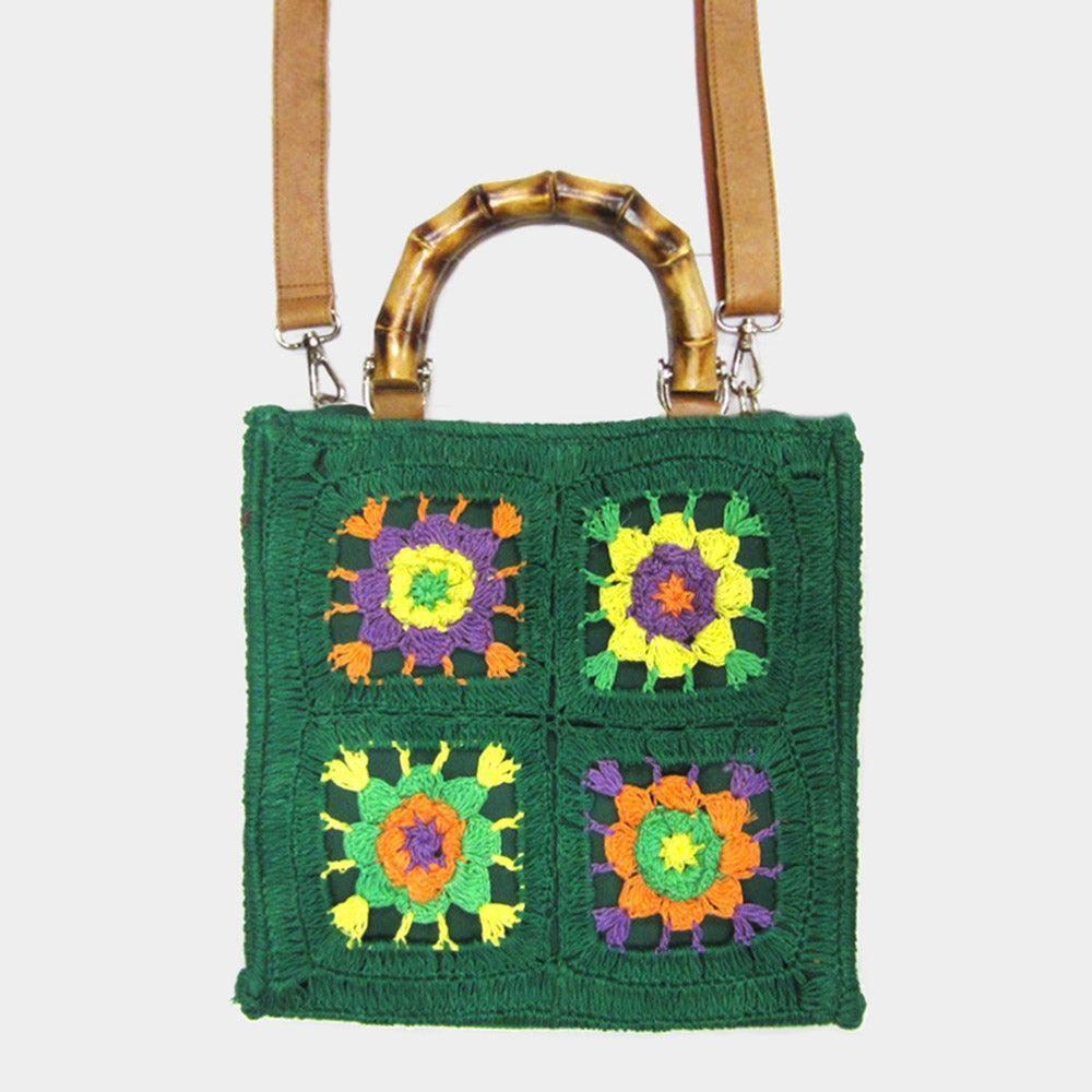 Granny Square Flower Pattern Crochet Bamboo Handle Crossbody Bag - Jewelry Store by Erik Rayo