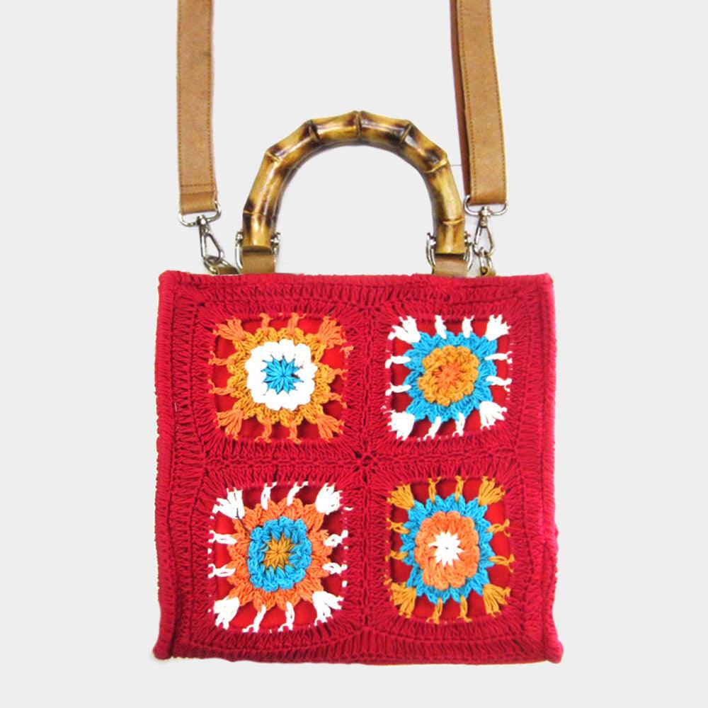 Granny Square Flower Pattern Crochet Bamboo Handle Crossbody Bag