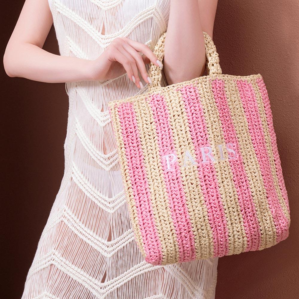 Paris Message Color Block Straw Tote Bag