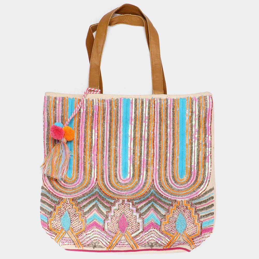 Boho Patterned Pom Pom Tassel Shoulder Bag - Jewelry Store by Erik Rayo