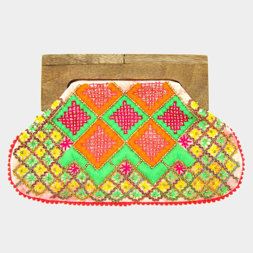 Boho Patterned Wood Closure Wide Clutch Bag