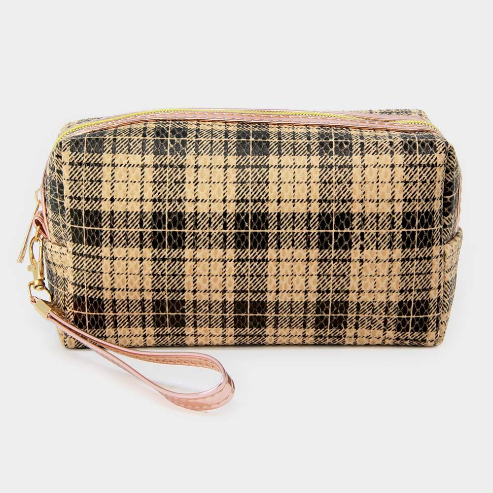 Classic Plaid Check Patterned Wristlet Cosmetic Pouch Bag