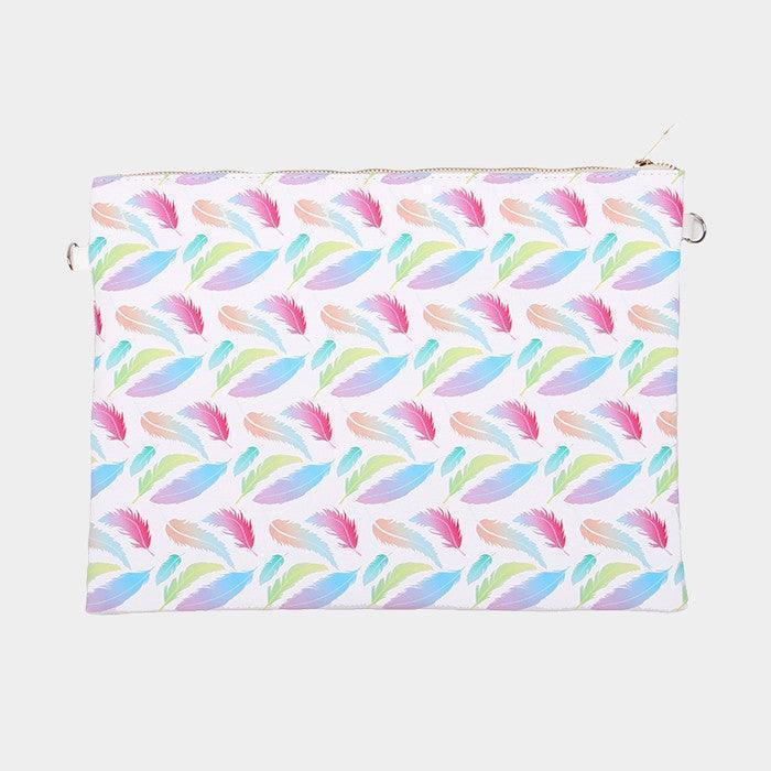 Feather Faux saffiano zip clutch bag with strap - Jewelry Store by Erik Rayo