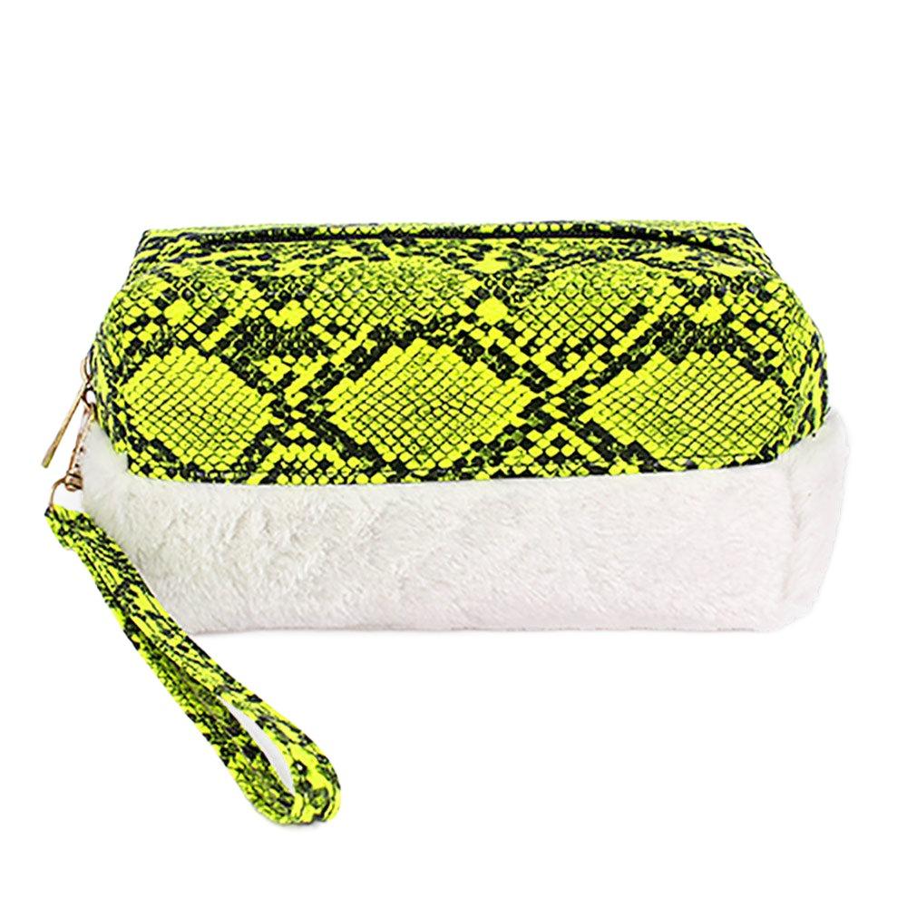 Snake Skin Patterned Faux Leather Soft Fur Wristlet Pouch Bag