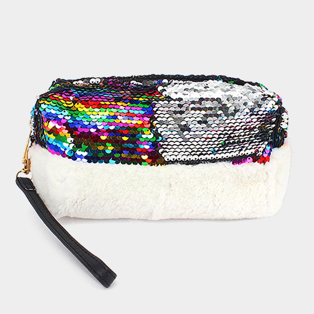 Reversible Sequin Soft Fur Wristlet Pouch Bag