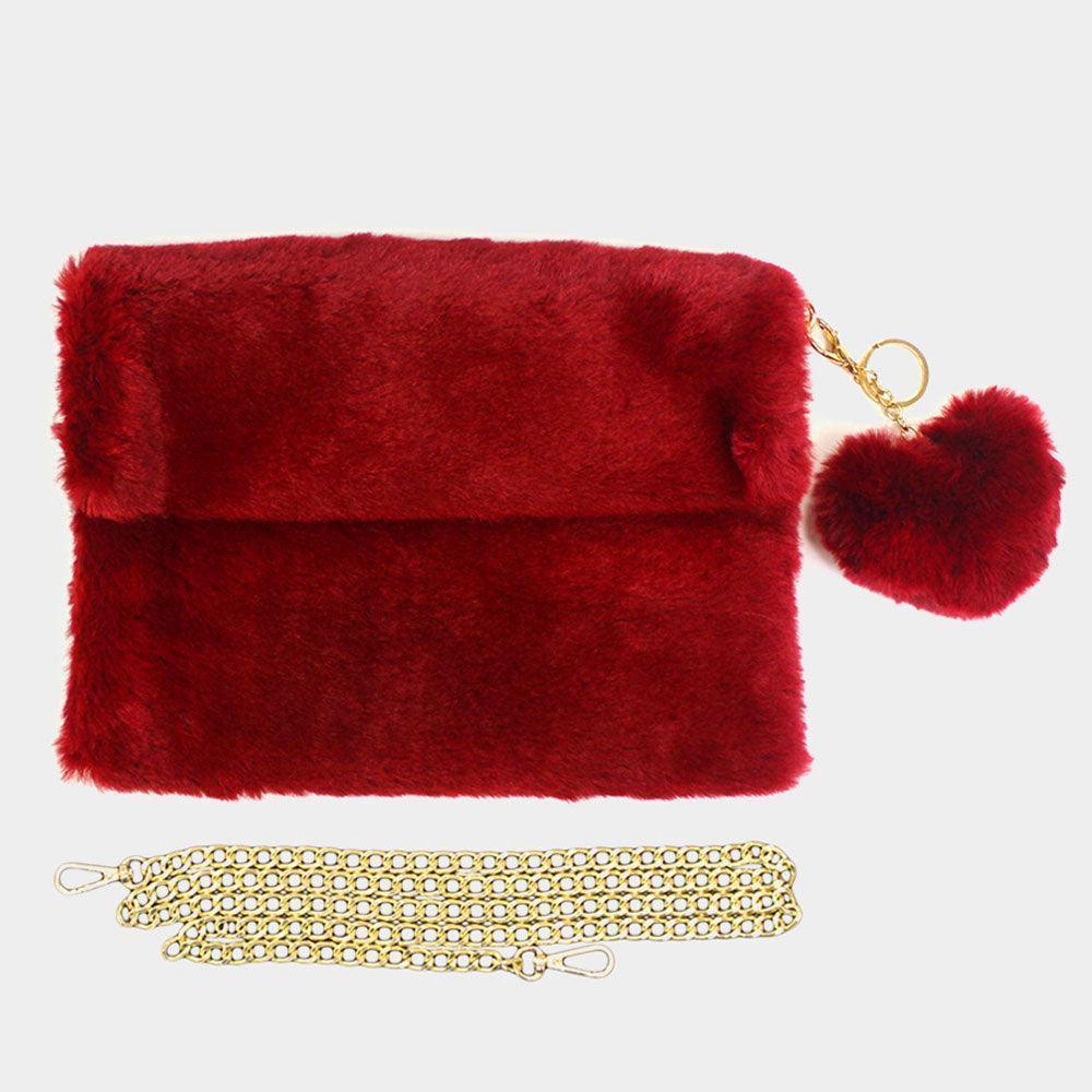 Detachable Heart Pom Pom Keychain Faux Fur Crossbody Bag - Jewelry Store by Erik Rayo