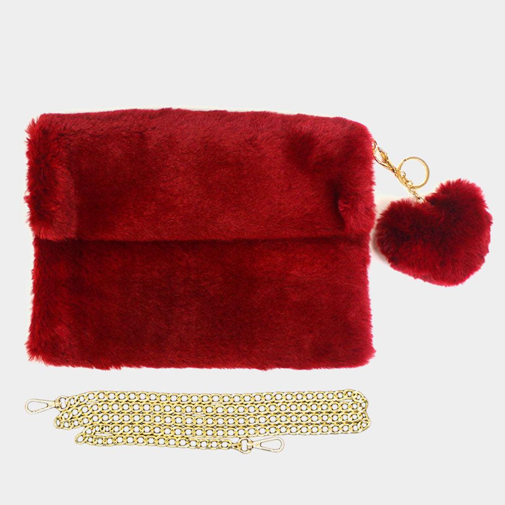 Detachable Heart Pom Pom Keychain Faux Fur Crossbody Bag