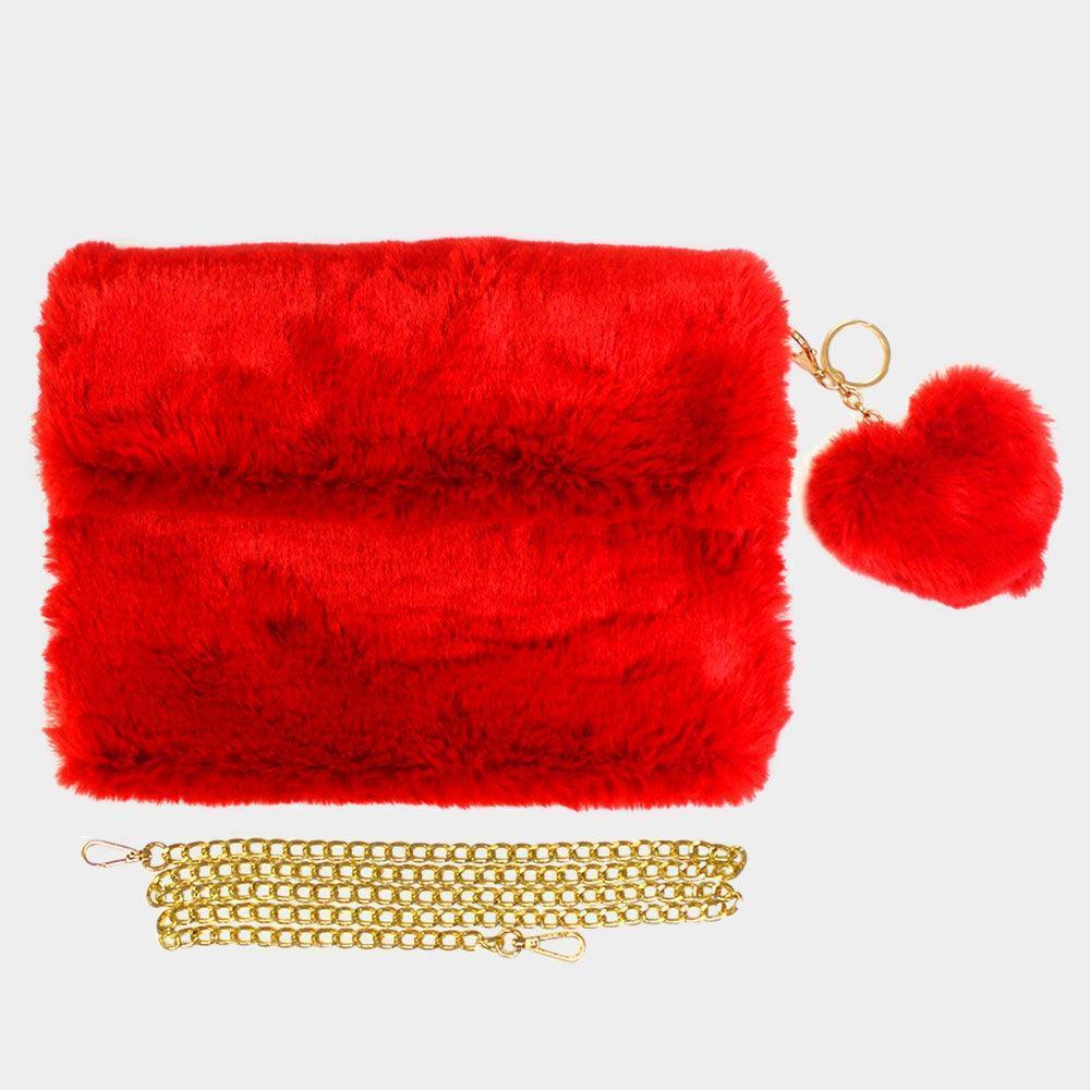 Detachable Heart Pom Pom Keychain Faux Fur Crossbody Bag - Jewelry Store by Erik Rayo