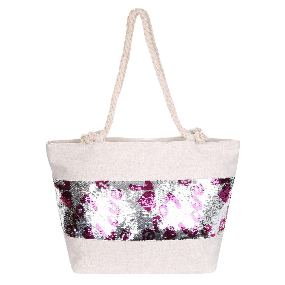 Sequin Love Heart Rope Tote Beach Bag