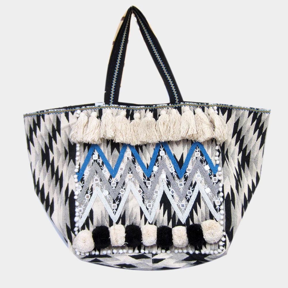 Boho Seed Beaded Zigzag Chevron Detailed Pom Pom Tassel Shoulder Bag - Jewelry Store by Erik Rayo