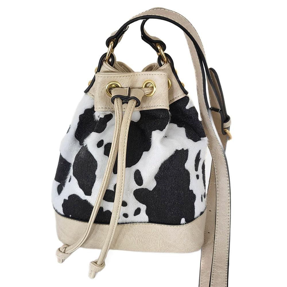 Cow Patterned Faux Leather Drawstring Crossbody Bag