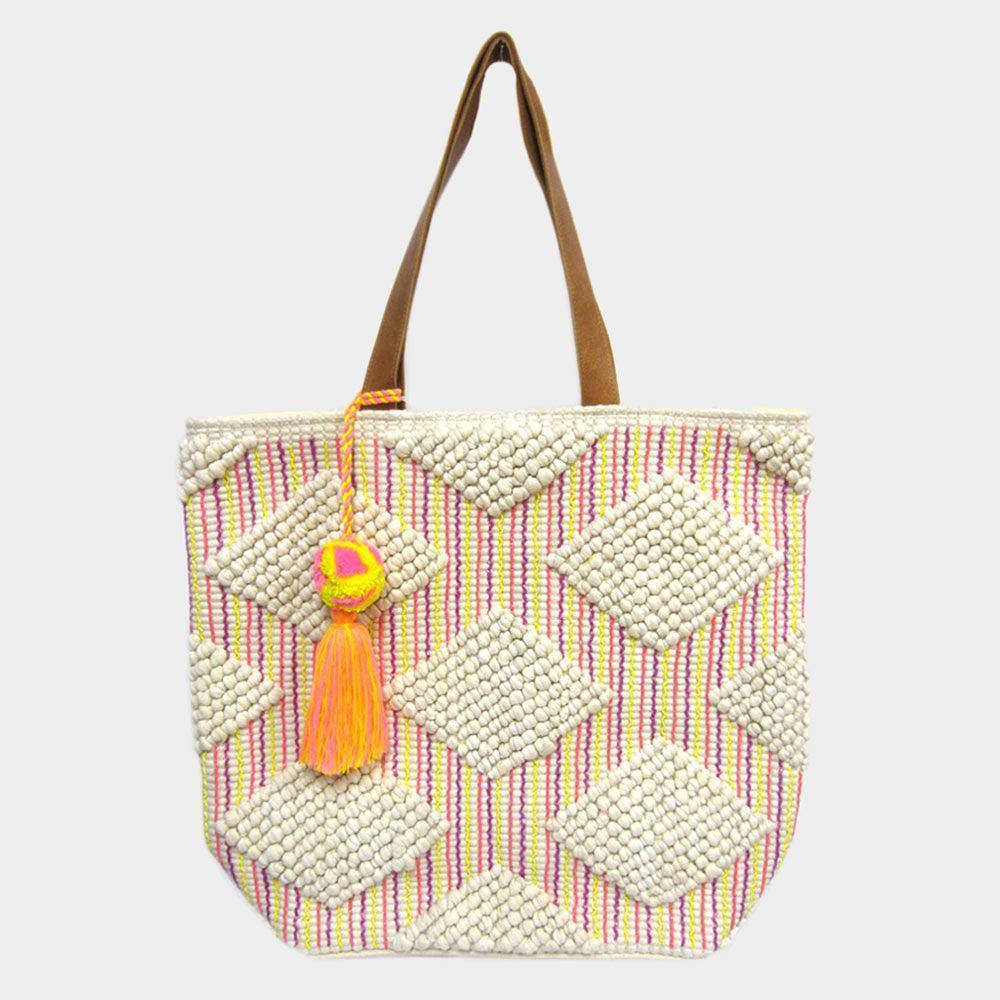 Fabric Ball and Beaded Lines Patterned PomTassel Tote Bag - Jewelry Store by Erik Rayo